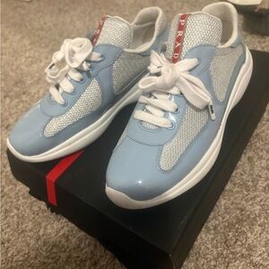 Prada Sky Blue Patent & Silver Mesh Sneakers
